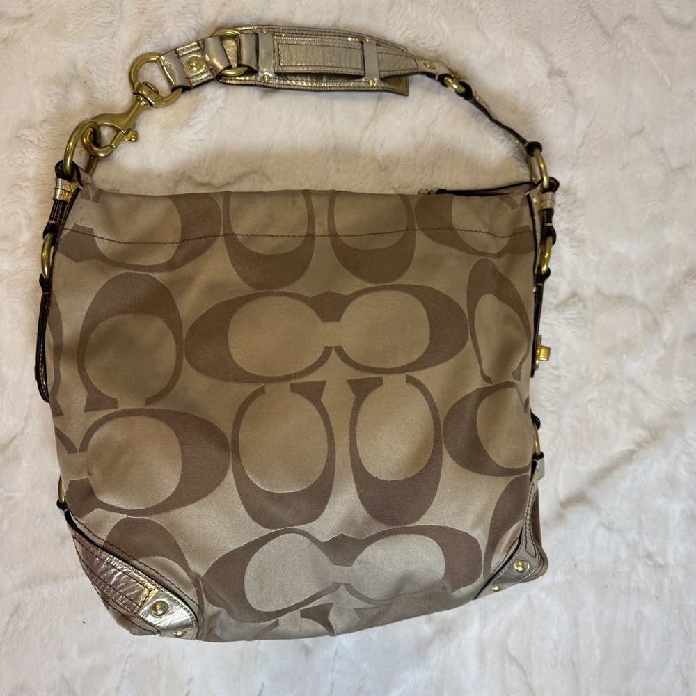 Coach Signature Jacquard Hobo Bag Khaki Gold Metallic Trim Brass Hardware